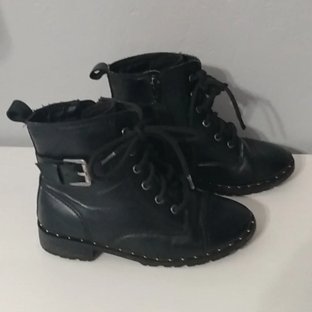 Kids‎ Black Combat Boots Side Zip Buckle Studded Sole Lace Up Size 12